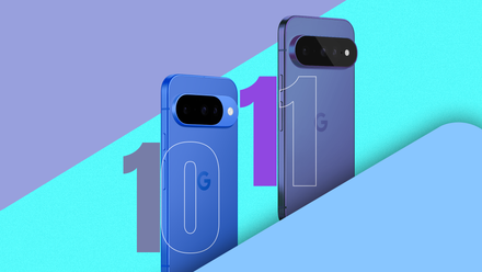 Side-by-side illustration of a blue Google Pixel 10 and a purple Pixel 11.