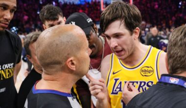 Los Angeles Lakers' Austin Reaves, center right, talks with referee John Goble, center, left, after the team's loss in Game 2 in a second-round NBA basketball playoffs series against the Oklahoma City Thunder Thursday, May 7, 2026, in Oklahoma City. (AP Photo/Nate Billings)