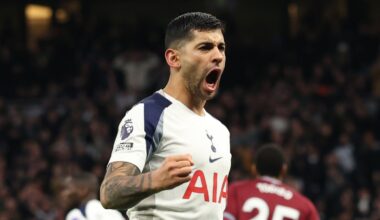 Cristian Romero celebrates after levelling for Spurs