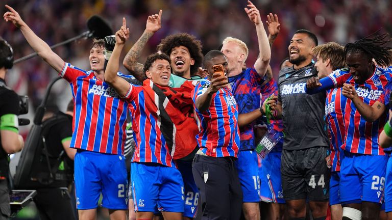 Crystal Palace players celebrate their Conference League triumph