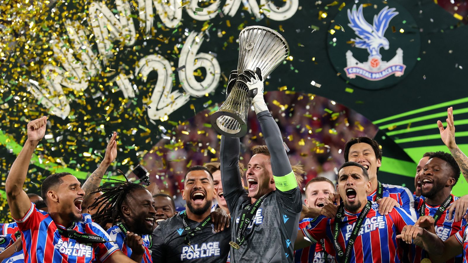 Crystal Palace lift the UEFA Conference League trophy after beating Rayo Vallecano 1-0 in the final