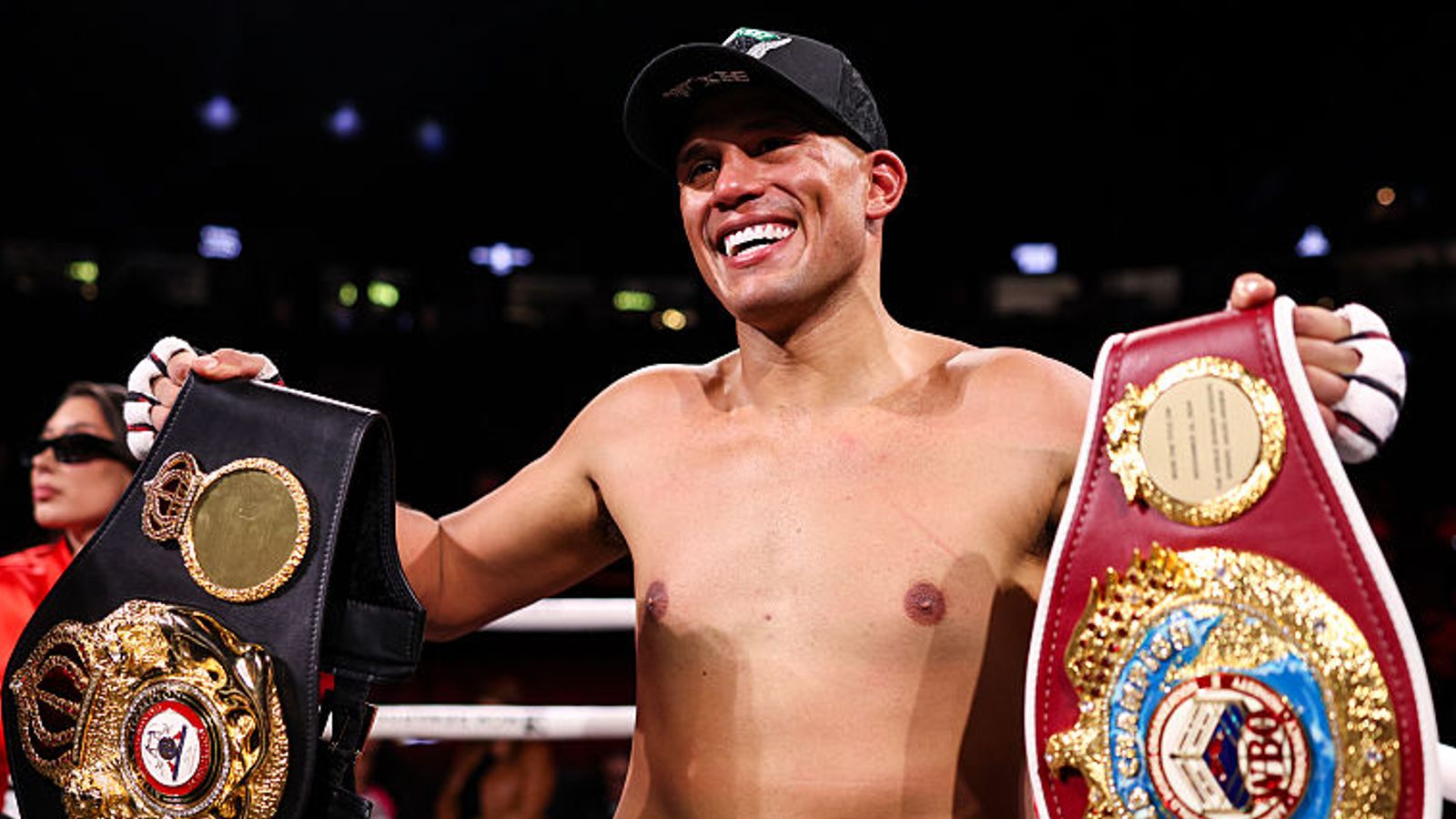 David Benavidez celebrates his WBA & WBO Cruiserweight World Championship victory against Gilberto 'Zurdo' Ramirez at T-Mobile Arena on May
