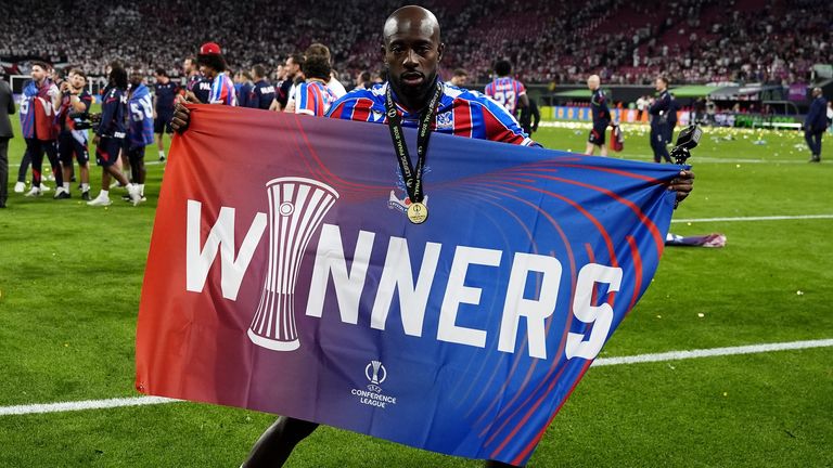 Crystal Palace's Jean-Philippe Mateta celebrates winning the UEFA Europa Conference League