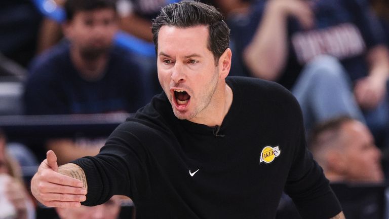 Los Angeles Lakers head coach JJ Redick reacts to play against the Oklahoma City Thunder in the second half of Game 2 in a second-round NBA basketball playoffs series Thursday, May 7, 2026, in Oklahoma City. (AP Photo/Nate Billings)