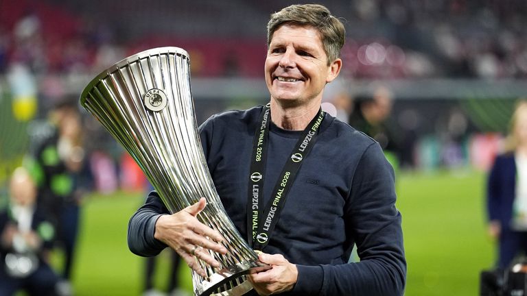 Crystal Palace boss Oliver Glasner celebrates with the UEFA Europa Conference League trophy