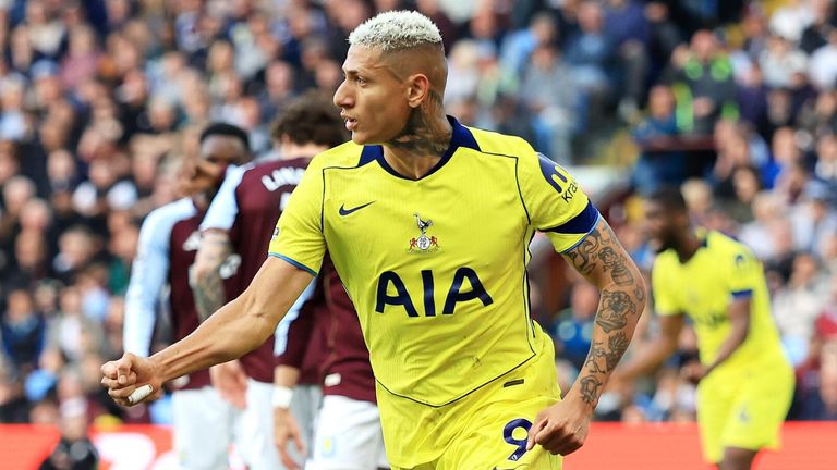Richarlison turns to celebrate after giving Spurs a 2-0 lead at Villa Park