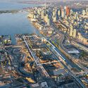 Aerial photo with project area outline. Ookwemin Minising waterfront public space project in Toronto, 2026. Image Courtesy of Waterfront Toronto SLA Designs Public Spaces and Streetscapes for Toronto's New Island Community in the Port Lands - Image 2 of 11