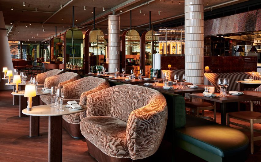 Chairs and tiled pillars in restaurant