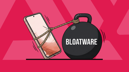 Smartphone struggling to pull a heavy weight labeled 'BLOATWARE'.