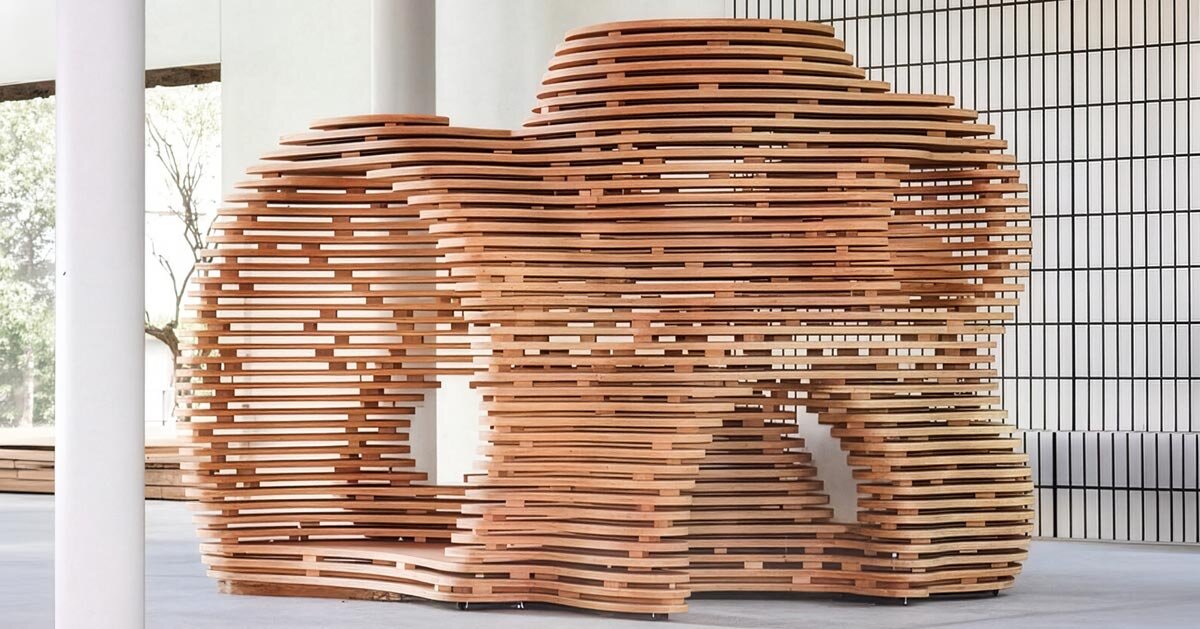stepped timber installation by superficium reimagines japanese engawa