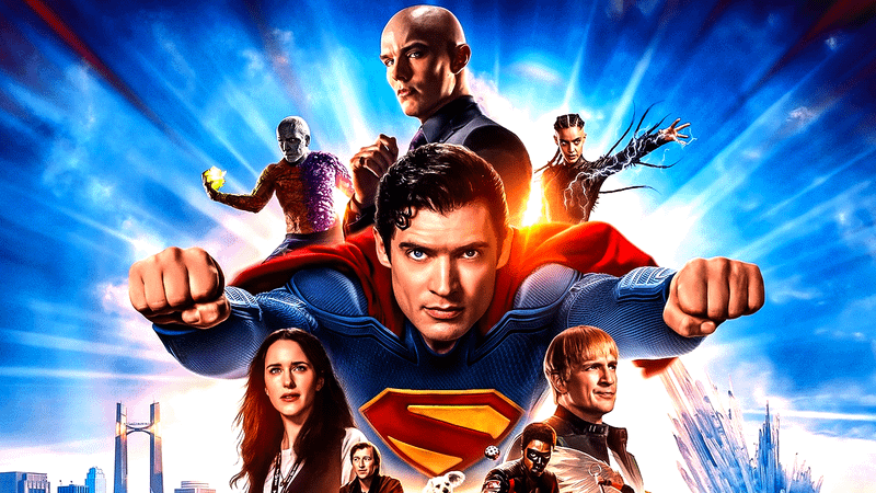 Poster for 'Superman' with Superman, Lois Lane, Jimmy Olsen, Krypto, Mr. Terrific, Guy Gardner, Metamorpho, Lex Luthor, and the Engineer.