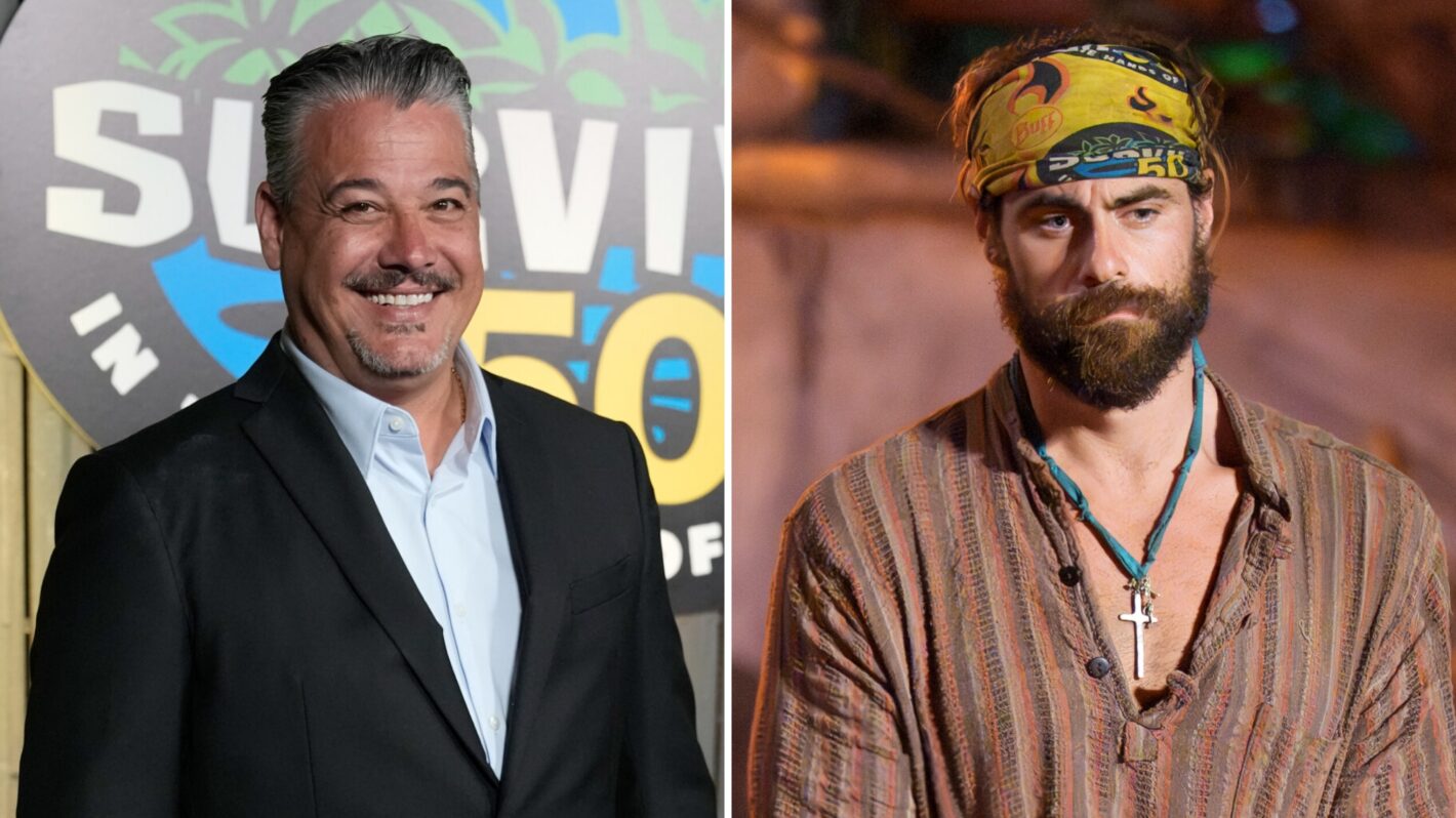 Boston Rob Mariano at Survivor 50 live finale; Jonathan Young in Survivor 50 final tribal council