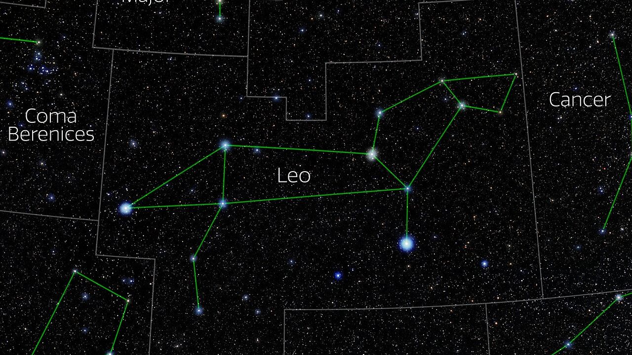 night sky graphic showing leo constellation in the center.