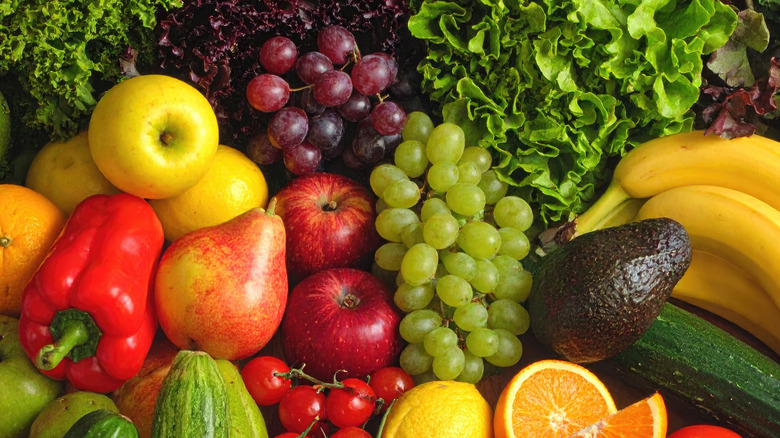 Close up of assorted raw fresh fruits and vegetables