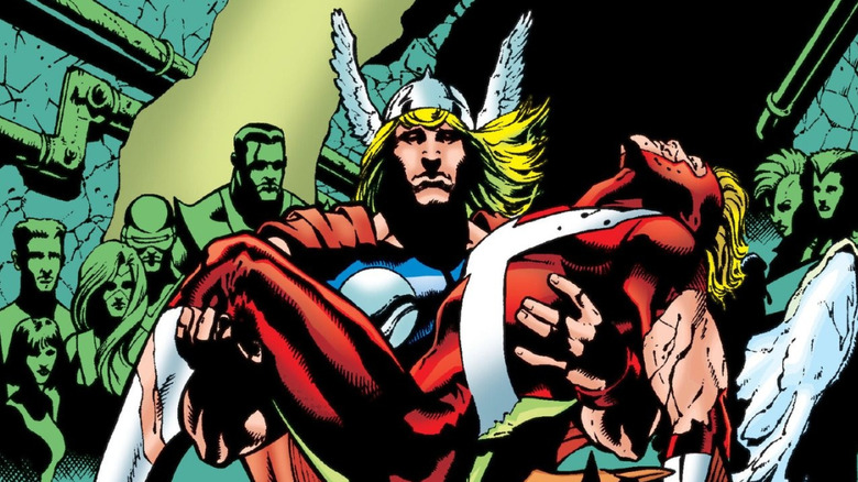 Thor carries the injured Angel on the cover for the Mutant Massacre trade paperback