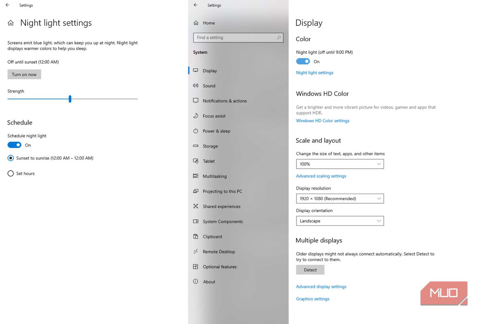 The nightlight settings next to each other on a PC