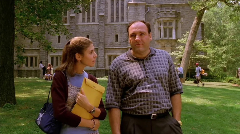 Meadow Soprano walks alongside Tony Soprano on a college campus