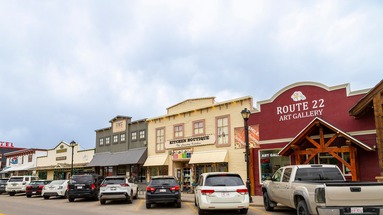 Colorful buildings and cars on Main Street in Cochrane, Alberta