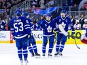Members of the Toronto Marlies celebrate a goal during the first game of their series against the Rochester Americans at Coca Cola Coliseum in Toronto on April 22, 2026.  