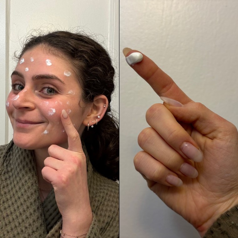 A woman applying Tretinoin cream in small dots across her face.