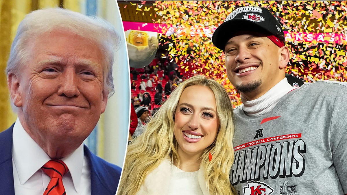 Donald Trump standing next to Brittany and Patrick Mahomes