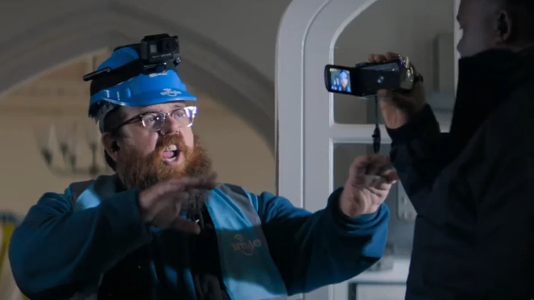 Nick Frost as Gus talking to a video camera in Truth Seekers