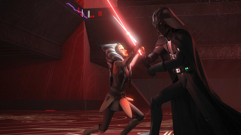 Ahsoka Tano and Darth Vader locked in lightsaber combat on Malachor