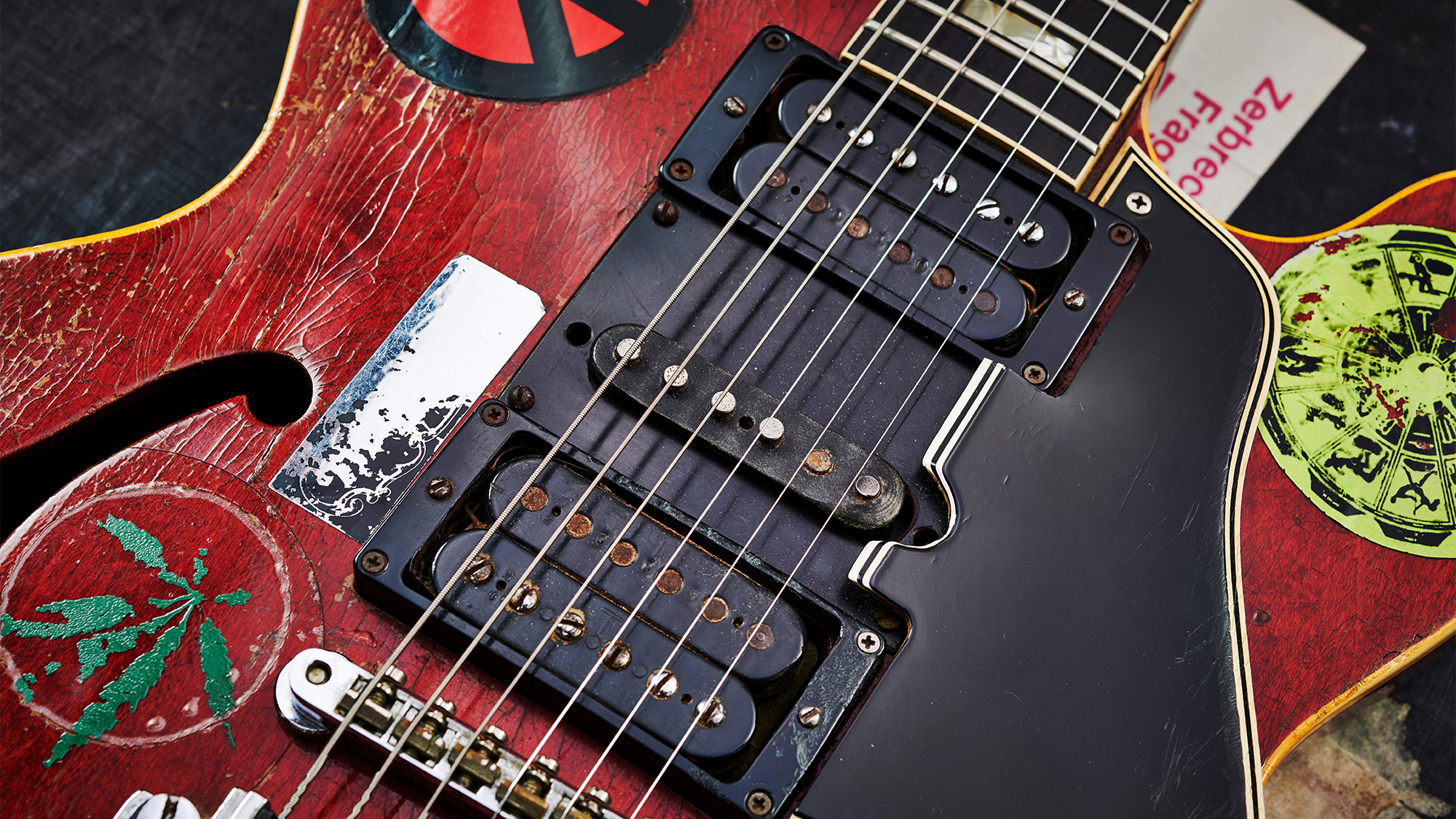 Detail of a vintage 1958 Gibson ES-335 electric guitar nicknamed &lsquo;Big Red&rsquo;, previously owned by English musician and Ten Years After guitarist Alvin Lee, taken on May 21, 2019.