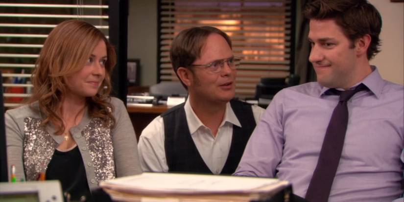 Dwight (Rainn Wilson) chatting to Jim (John Krasinski) and Pam (Jenna Fischer) after they quit in The Office finale.