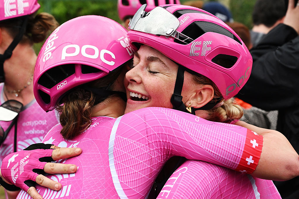 SALVATERRA DE MINO, SPAIN - MAY 03: (EDITOR&amp;apos;S NOTE: Alternate crop) Stage winner, Noemi Ruegg of Switzerland and Babette van der Wolf of Netherlands and Team EF Education-Oatly react after the 12th La Vuelta Femenina 2026, Stage 1 a 113.9km stage from Marin to Salvaterra de Mino / #UCIWWT / on May 03, 2026 in Salvaterra de Mino, Spain. (Photo by Szymon Gruchalski/Getty Images)