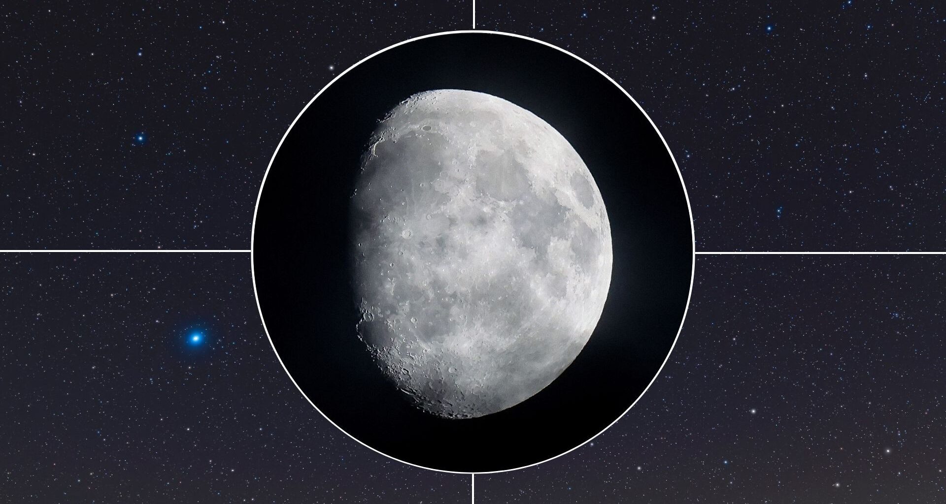 A waxing moon is pictured in the centre surrounded by a white circle with four white lines oriented outward. A blue starfield is visible in the background.