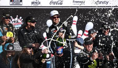 Shane Van Gisbergen, driver of the #97 Superfile Chevrolet, and crew spray champagne in victory lane after winning the NASCAR Cup Series Go Bowling at The Glen at Watkins Glen International on May 10, 2026 in Watkins Glen, New York. (Photo by Chris Graythen/Getty Images)