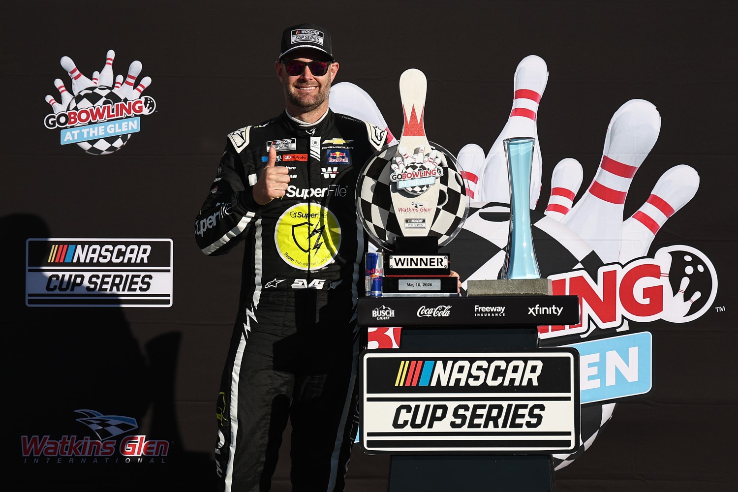 Shane Van Gisbergen, driver of the #97 Superfile Chevrolet, celebrates in victory lane after winning the NASCAR Cup Series Go Bowling at The Glen at Watkins Glen International on May 10, 2026 in Watkins Glen, New York. (Photo by Chris Graythen/Getty Images)