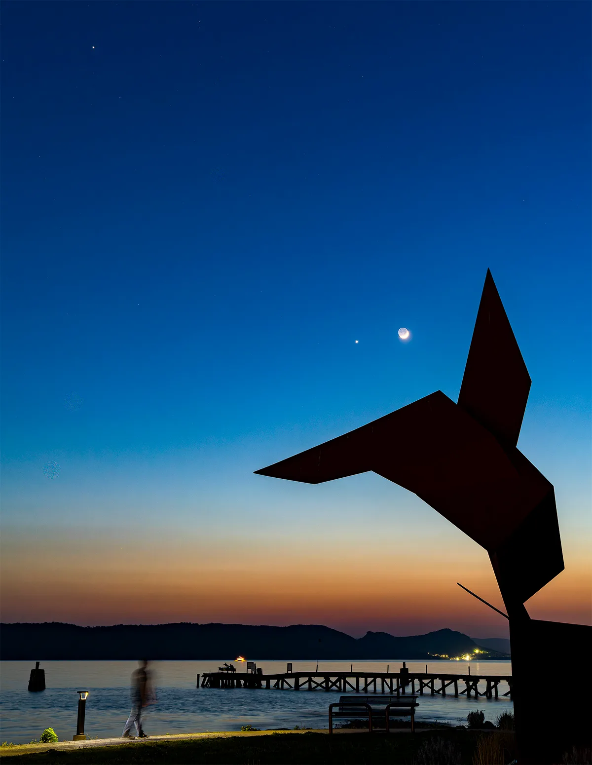 A view of Venus and the crescent Moon (centre-right) and Jupiter (top left) captured by Chirag Upreti from Ossining, New York, USA, 18 May 2026. Equipment: Sony A7R3 camera, Sony 24-70mm lens, Leofoto tripod. Exposure: ISO 640, f/7.1, 2sec shutter speed