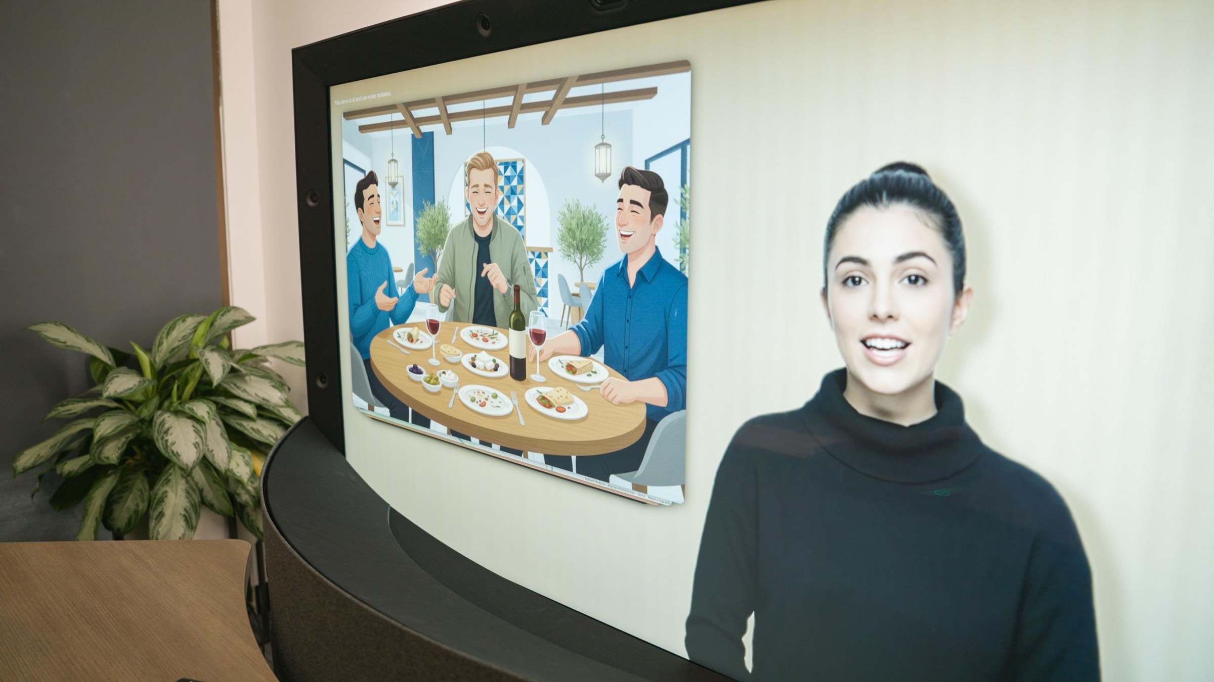 An HP Google Beam device with a female AI agent on screen.