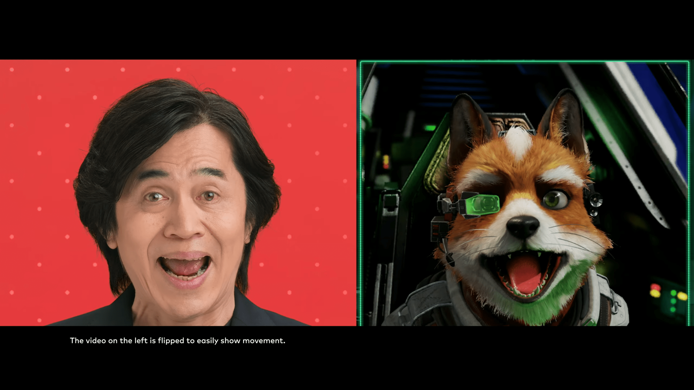 A screenshot of Star Fox’s virtual avatar next to a real person.