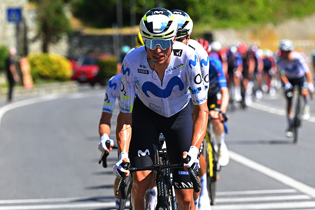 NOVI LIGURE, ITALY - MAY 21: Enric Mas of Spain and Team Movistar leads the peloton during the 109th Giro d&amp;apos;Italia 2026, Stage 12 a 175km stage from Imperia to Novi Ligure / #UCIWT / on May 21, 2026 in Novi Ligure, Italy. (Photo by Tim de Waele/Getty Images)