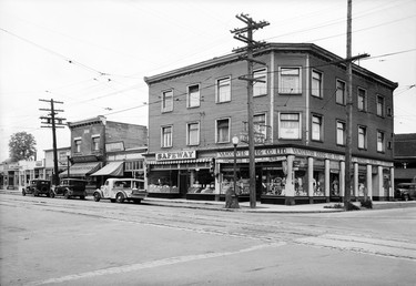 1939: West side of Main Street looking south at King Edward. Canada Safeway Ltd. and Vancouver Drug Company are visible.