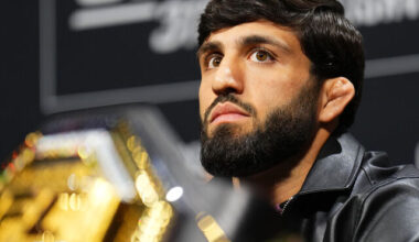 INGLEWOOD, CALIFORNIA - JANUARY 16: Arman Tsarukyan of Georgia is seen on stage during the UFC 311 press conference at Intuit Dome on January 16, 2025 in Inglewood, California.