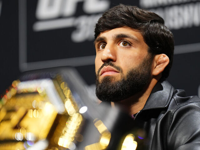 INGLEWOOD, CALIFORNIA - JANUARY 16: Arman Tsarukyan of Georgia is seen on stage during the UFC 311 press conference at Intuit Dome on January 16, 2025 in Inglewood, California.