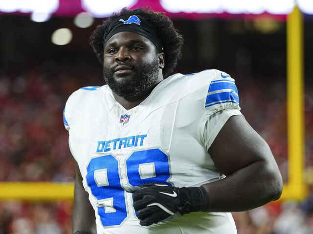 KANSAS CITY, MO - OCTOBER 12: DJ Reader #98 of the Detroit Lions runs out of the tunnel prior to an NFL football game against the Kansas City Chiefs at GEHA Field at Arrowhead Stadium on October 12, 2025 in Kansas City, Missouri.