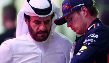LUSAIL CITY, QATAR - NOVEMBER 29: Third placed qualifier Max Verstappen of the Netherlands and Oracle Red Bull Racing with Mohammed ben Sulayem, FIA President in parc ferme during qualifying ahead of the F1 Grand Prix of Qatar at Lusail International Circuit on November 29, 2025 in Lusail City, Qatar.