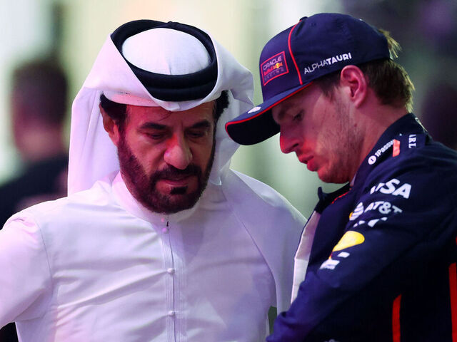 LUSAIL CITY, QATAR - NOVEMBER 29: Third placed qualifier Max Verstappen of the Netherlands and Oracle Red Bull Racing with Mohammed ben Sulayem, FIA President in parc ferme during qualifying ahead of the F1 Grand Prix of Qatar at Lusail International Circuit on November 29, 2025 in Lusail City, Qatar.