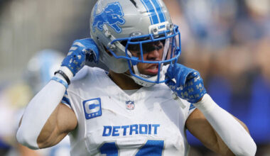 INGLEWOOD, CALIFORNIA - DECEMBER 14: Amon-Ra St. Brown #14 of the Detroit Lions during warm up before the NFL 2025 game against the Los Angeles Rams at SoFi Stadium on December 14, 2025 in Inglewood, California.