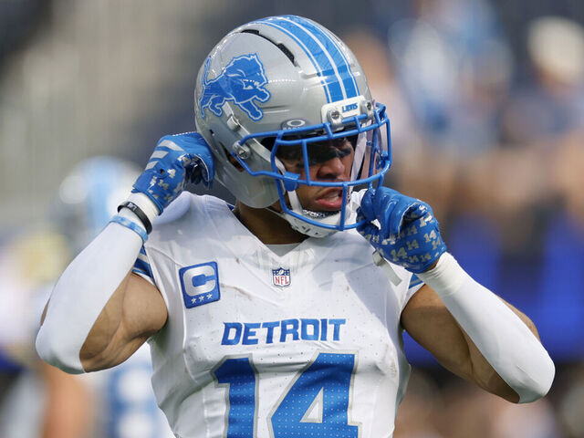 INGLEWOOD, CALIFORNIA - DECEMBER 14: Amon-Ra St. Brown #14 of the Detroit Lions during warm up before the NFL 2025 game against the Los Angeles Rams at SoFi Stadium on December 14, 2025 in Inglewood, California.