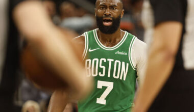 SAN ANTONIO, TX -MARCH 10: Jaylen Brown #7 of the Boston Celtics is ejected after arguing a call against the San Antonio Spurs in the second period at Frost Bank Center on March 10, 2026 in San Antonio, Texas. NOTE TO USER: User expressly acknowledges and agrees that, by downloading and or using this photograph, User is consenting to terms and conditions of the Getty Images License Agreement.