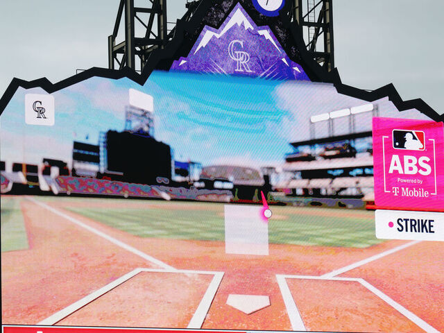 DENVER, CO - APRIL 7: The ABS system is displayed on the stadium video board in the first inning of a game between the Colorado Rockies and the Houston Astros at Coors Field on April 7, 2026 in Denver, Colorado.