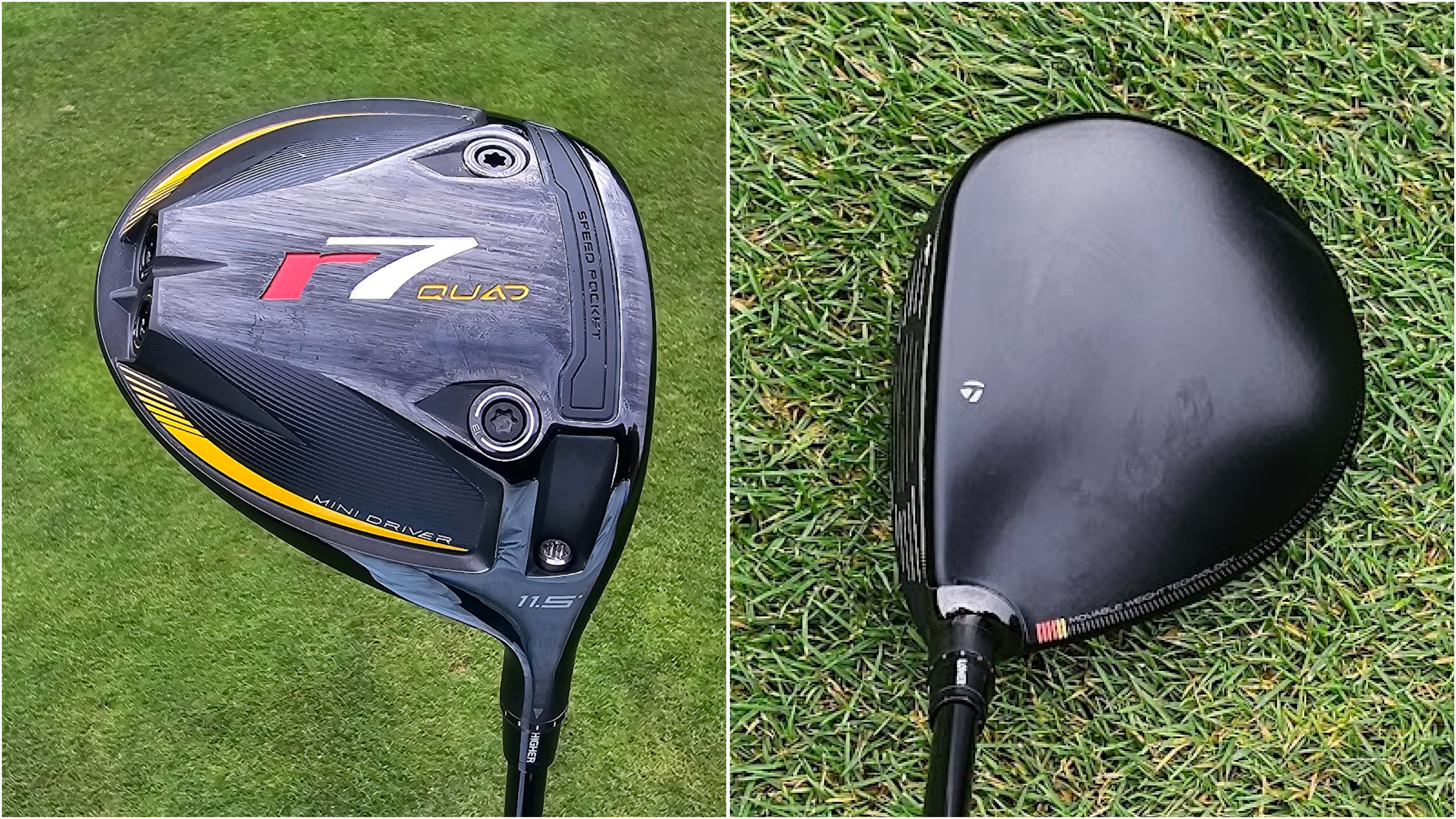 The TaylorMade R7 Quad sole view and the crown view on grass