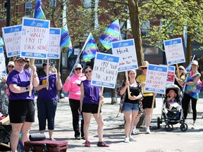 Members of the OPSEU Local 276 Owen Sound Family Health Team unit picket in front of Owen Sound City Hall on Tuesday, May 26, 2026, while on strike as part of OPSEU's province wide Worth Fighting For protest in support of community and social services workers. Greg Cowan/The Sun Times
