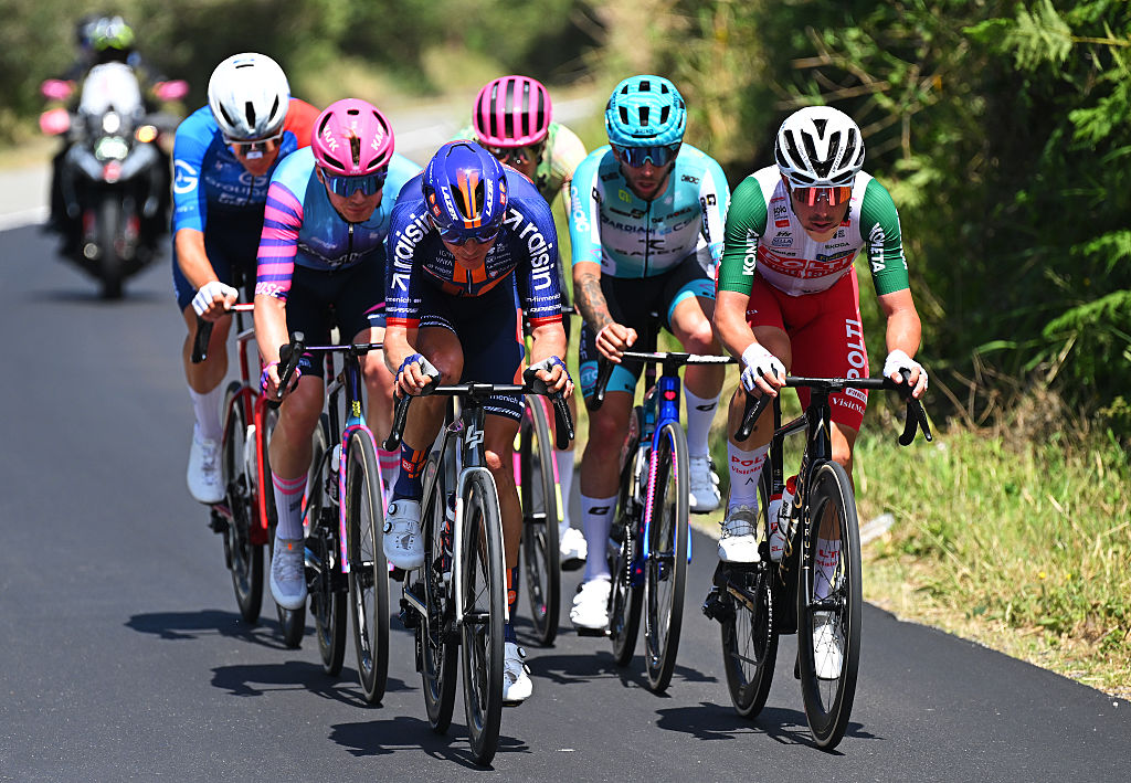 Johan Jacobs of Switzerland, Niklas Larsen of Denmark, Warren Barguil, Martin Marcellusi and Mattia Bais of Italy and Team Polti VisitMalta compete in the breakaway during the 109th Giro d'Italia